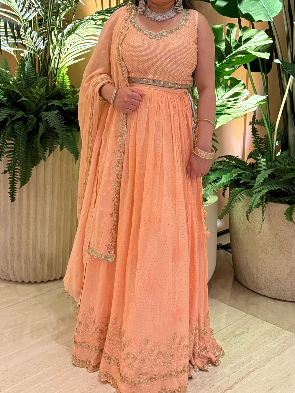 Peach Embellished Maxi Dress with Gold Trim